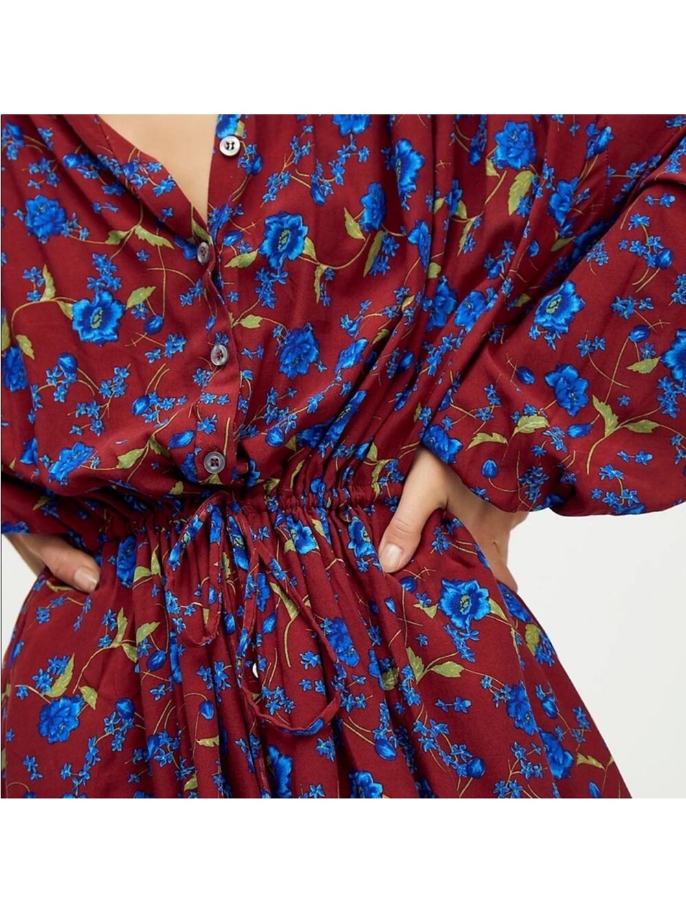 Free People Glower Fields Mini Dress Burgandy/Bold Blue Flowers Size Medium EUC - Picture 4 of 10